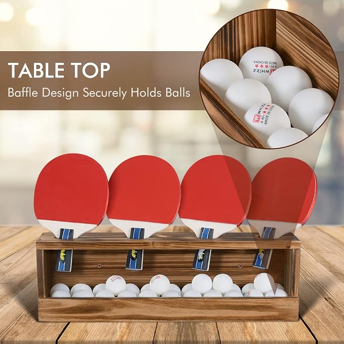 Ping Pong Paddle Storage Rack - Table Tennis Racket Display Wall Mounted Holder for 4 Paddles and Balls in Bar, Game Room, Office Break Room, Garage, Bedroom, Home - Rustic Burnt