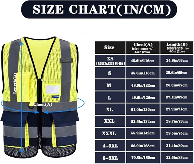 7 Pockets Hi Viz Zipper Front Working Safety Vest with Reflective Strips, Multiple Colors Available, Yellow&Navy, XXL