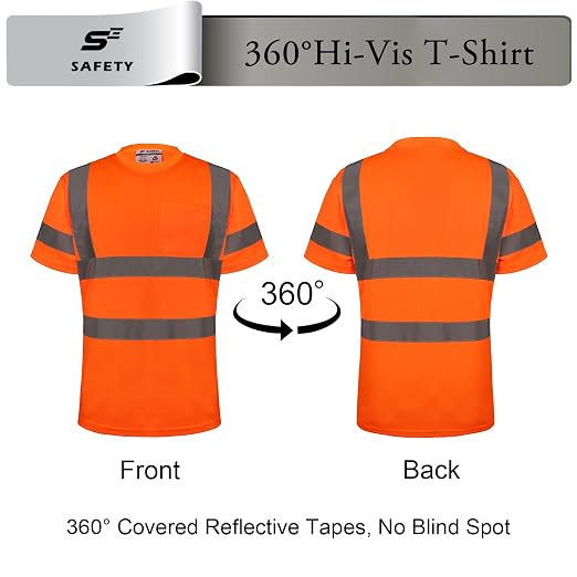 sesafety High Visibility Shirts for Men Class 3 Hi Vis Reflective Construction Shirts for Men with Pocket Safety T Shirt for Mens Work Shirt for Mens Short Sleeve Orange
