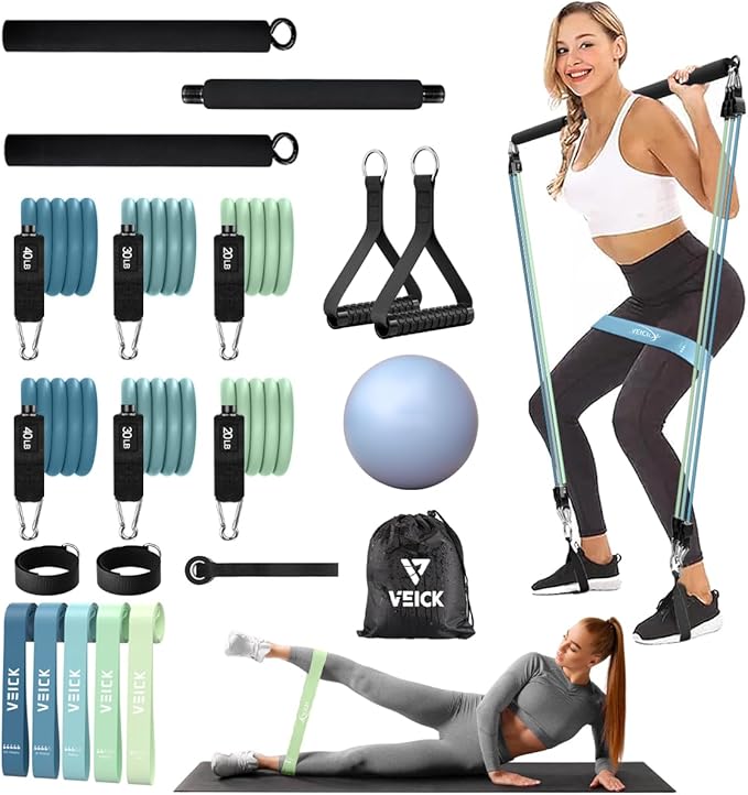 VEICK Pilates Bar Kit with Resistance Bands, Elastic Workout Bands for Men Women, Set of 5 Resistance Loop Bands for Home Fitness Stretching Strength Training