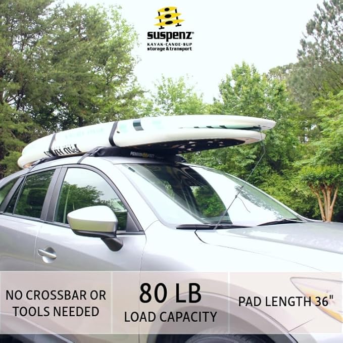 Suspenz Soft Roof Rack Pads for Kayak, Canoes, SUPs, Surfboards, Tie-Down Straps Included, Penguin Feet Car Top Transport System with Cam Buckle Straps