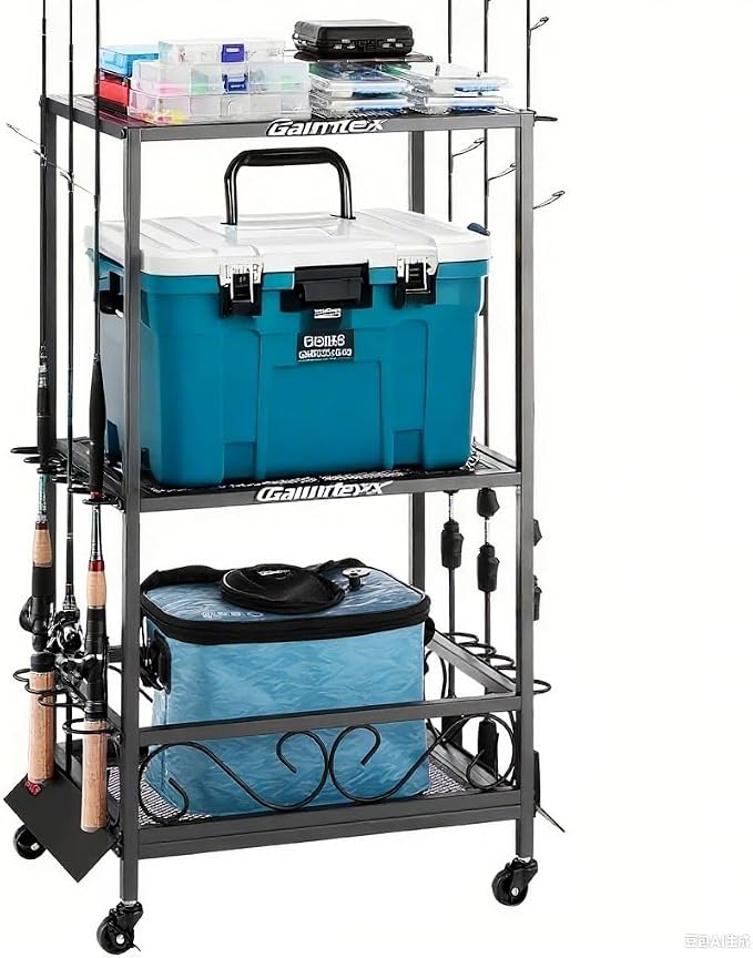 VEVOR Fishing Rod Holder for 10-Rods, Mobile Fishing Pole Rack Cart with Wheels, Fish Gear Equipment Organizer for Garage Home Indoor Use, for Tackle Box Reel Accessories Storage, Gifts for Men