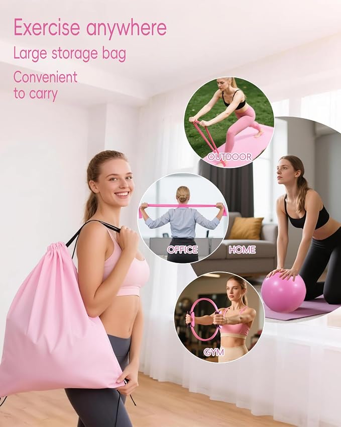 KABCON Pilates Kit for Home, Women Beginners Workout Essentials Set | 13" Ring, 9.8" Ball, Resistance Bands & Guide, 13/14/16 PCS Compact Pilates Equipment