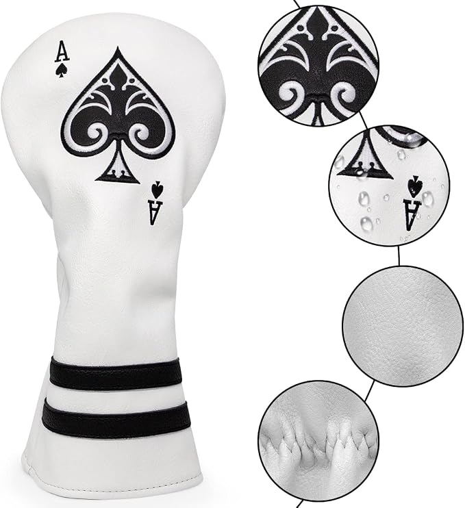 Ace Wood Club Headcover - 3pcs or 1pc - Driver/Fairway Woods/Hybrid Rescue - White Leather Golf Club Cover