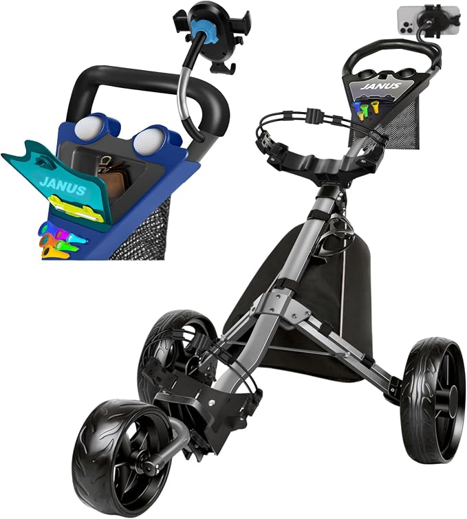 JANUS Pace Golf Push Cart with Integrated Gooseneck Viewing System, 3-Wheel Foldable Golf Cart with One-Click Folding System, EVA Wheels, Foot Brake, Cooler Bag & Golf Bag Support System