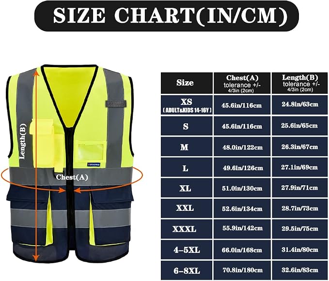 High Visibility Safety Vest with 4 Reflective Strips 7 Pockets,Yellow&Navy 6XL-8XL