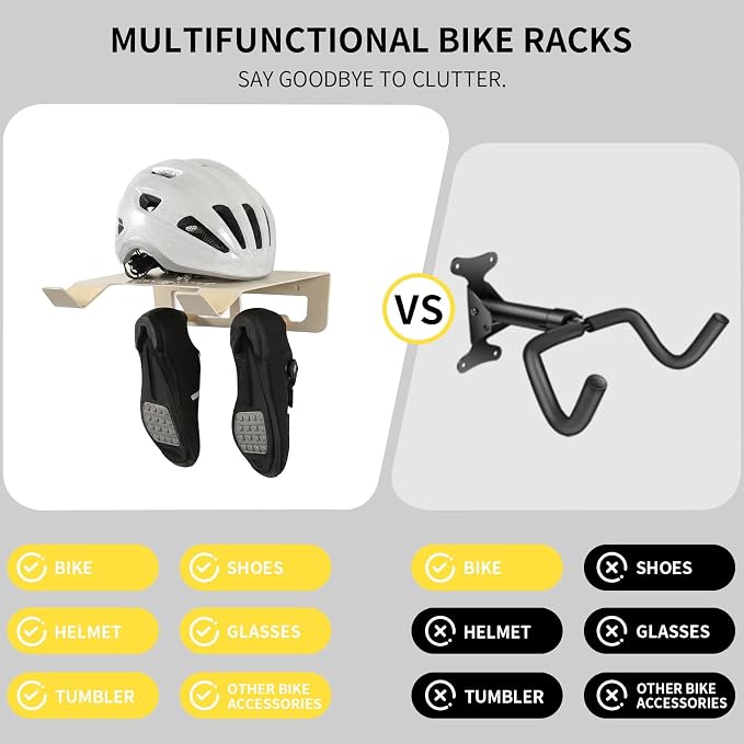 Bike Wall Mount Rack Indoor Bike Storage Garage Bike Rack Wall Mount with Shelf and Hooks Store Your Helmet and Shoes Heavy-Duty Adjustable Bike Hanger for a Single Road, Mountain Bicycle