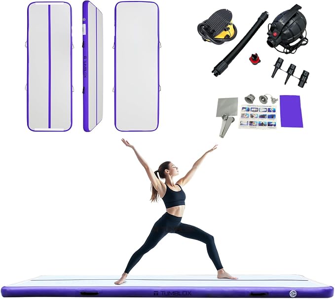 Air Gymnastics Mat Inflatable & Tumbling Mat – 4/8 Inches Thick with Electric Pump + Free Foot Pump – Ideal for Home, Gym, Water, and Beach Use