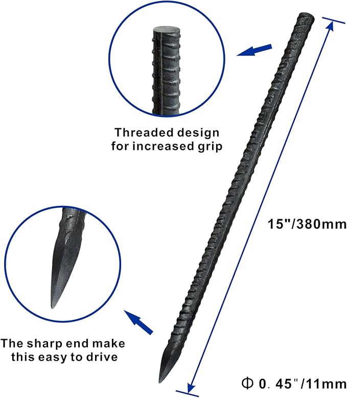 15 PCS Ground Rebar Stakes Heavy Duty Steel Ground Anchor Stakes, 15”Straight Metal Stakes for Concrete Forming or Camping Tent-with Chisel Point End