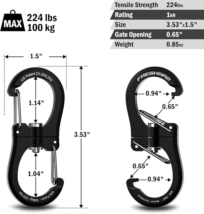 FresKaro 3pcs 25kN Twist Locking Climbing Carabiners and 5pcs 1kN 360 Degree Swivel Carabiner Clips