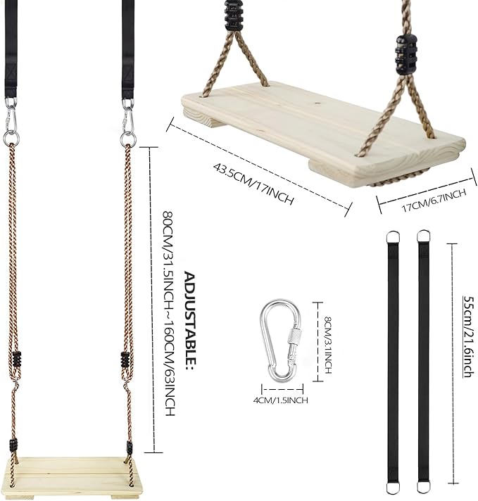 Outdoor Swing, KINSPORY Swing Set for Backyard, Adjustable Nylon Rope with Hanging Tree Straps Kit, Wooden Swing Seat for Indoor Outdoor Porch Patio Garden Playgroud Swing Set Accessories