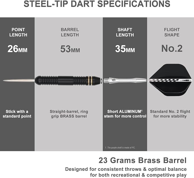 Professional Steel Tip Darts Set, 23g Brass Barrel with Aluminum Shafts, Black, 6-Pack with Extra Flights and Accessories Kit