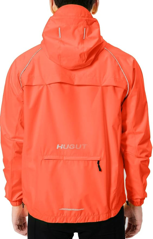 Hugut Men's Cycling Running Rain Jacket Lightweight Waterproof Biking Hiking Windbreaker Raincoat Reflective Packable