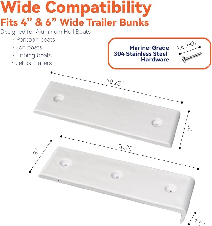 Boat Trailer Bunk Slide Pads and Enders for Easier Launching & Loading, 3" x 10" Boat Trailer Bunk Slicks