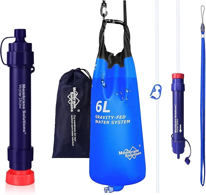 Membrane Solutions Water Filter Straw S2, Camping with Gravity Water Filter Pro 6L, 0.1-Micron Versatile Survival