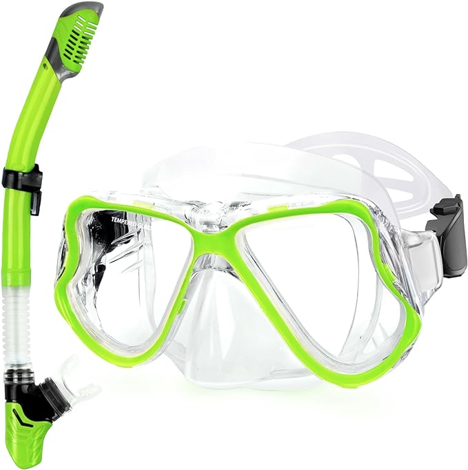 Greatever Dry Snorkel Set,Panoramic Wide View Anti-Fog Scuba Diving Mask,Professional Snorkeling Gear for Adults Kids