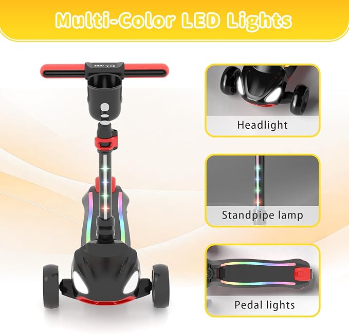 SIMATE Electric Scooter for Kids Ages 3+, 3 Wheel Balance Scooter, 3 Adjustable Heights, Foldable & LED Display & Thumb Throttle, Long Battery Life, Full Body Lights Up, Gift for Kids Boys Girls