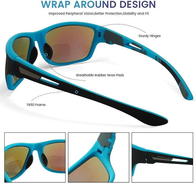 Mens Bifocal Sunglasses with Readers Built in, Wrap Around Bifocal Readers Sunglasses Reading Sun Glasses, Blue/Black