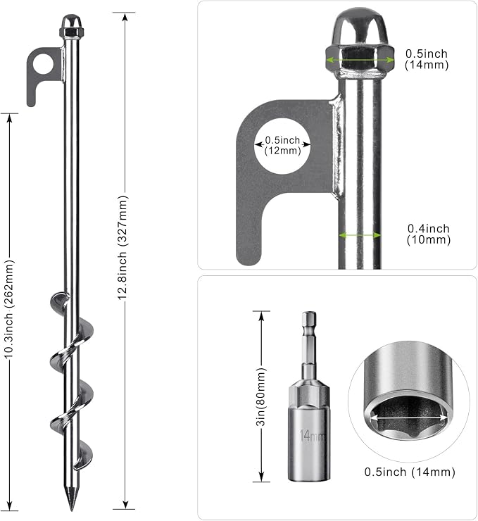 12 Inch Ground Anchors, 8 Pcs Heavy Duty Tent Stakes, Easy to Install and Reusable, for Camping Tents, Trampolines, Sheds, Swing Sets, Securing Animals