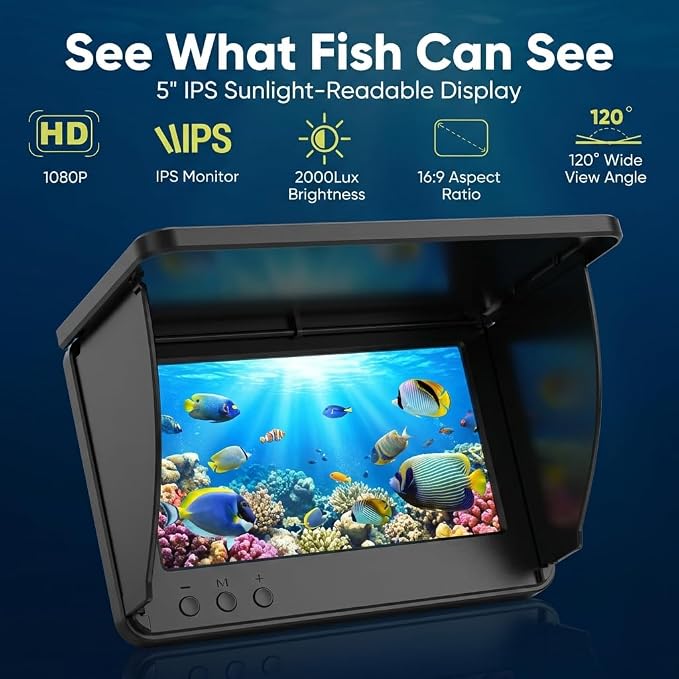 Underwater Fishing Camera with 5" IPS Monitor, 98ft Cable, 12 IR LEDs, IP68 Waterproof, 8000mAh Rechargeable for Ice Fishing, Lake, Dock & Boat Use