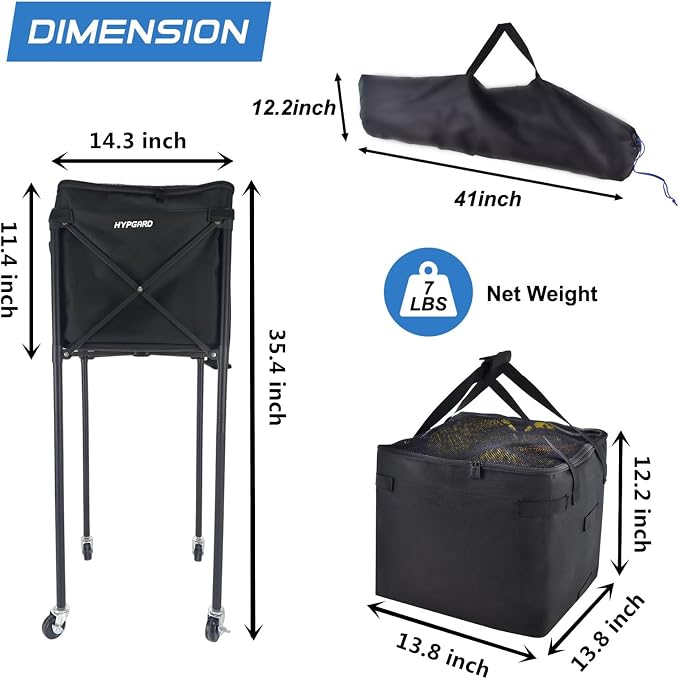 Pickleball & Tennis Ball Hopper, Sports Balls Teaching Cart, Portable Lightweight Softball Caddy, Large Capacity Baseball Basket Carrier for Training