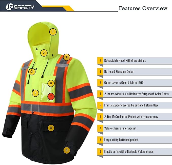 JKSafety Hi-Vis Reflective Safety Rain Jacket for Men Women Waterproof Rain Gears for Farming Fishing Work HV Rain Jacket with Inner Mesh Lining and Pockets (117A-YBlk L)