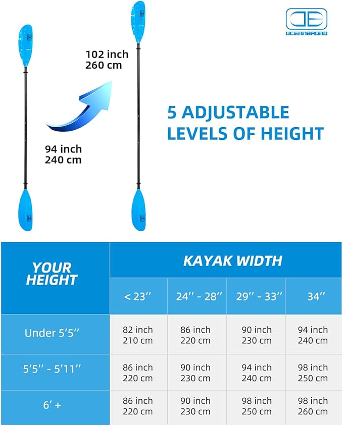 OCEANBROAD Adjustable Fishing Kayak Paddle - 94in/240cm-98in/250cm-102in/260cm Aluminum Alloy Shaft with Paddle Leash