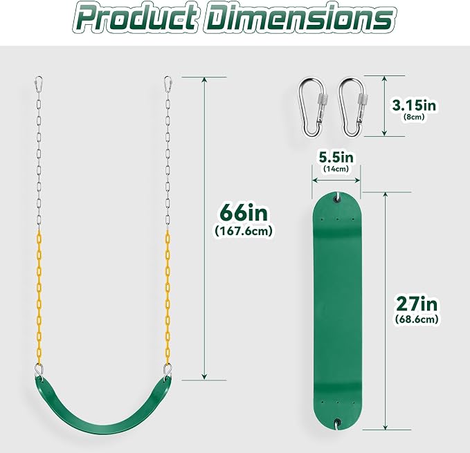 SEKKVY Swing Seats with 66" Heavy Duty Chains, Swing Set Accessories Replacement with Snap Hooks, Toddler Swings Supports 250 lbs for Outdoor Backyard Playground, Indoor Swing for Kids, Green 1 Pack