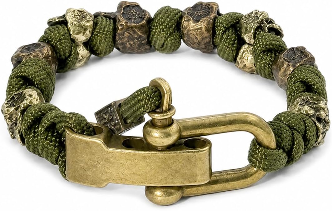 Skull Paracord Bracelet Black Green Paracord Bracelet Adjustable Gothic Design Bracelets with Metal Skull Charms U-Shackle Closure