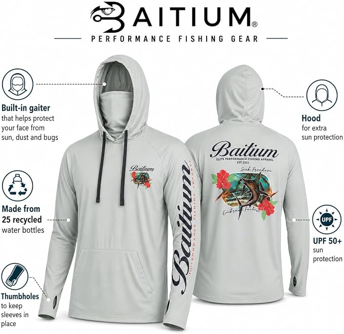 Fishing Shirts for Men,UPF50 Hooded Long Sleeve with Gaiter, Sun Protection Dry Fit Apparel, Face Mask, Fishing Clothes