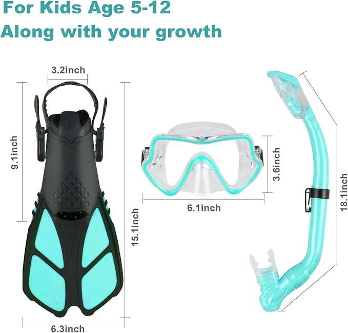 Kids Snorkeling Set - Adjustable Flippers + Panoramic Snorkel Mask + Dry Snorkel Tube + Travel Bags - Suitable for Kids & Juniors, Age 5-14