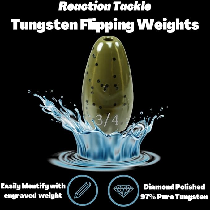 Reaction Tackle Tungsten Flipping Weights for Bass Fishing - Sinkers for Punching Heavy Cover - Fresh & Saltwater - Texas/Carolina Rigs - Size Stamped