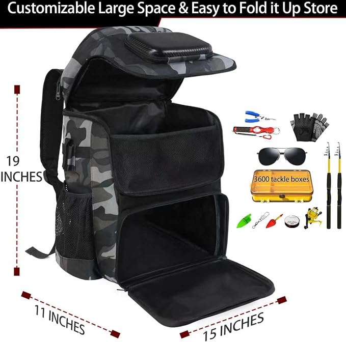 Fishing Backpack with Rod Holder, Large 50L Tackle Bag Water Resistant Tackle Backpack Heavy Duty Fishing Bag Gift for Men Woman