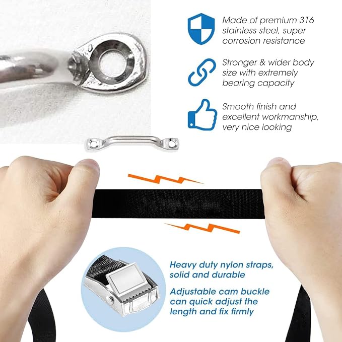 78'' Battery Tie Down Strap for Boats,Battery Box Hold Down Straps Kit with Stainless Steel Cam Buckle,Stainless Steel Deck Loop Mounts and SS Screws,Used for Cooler,Fuel Tank,YETI,RTIC,RV and More