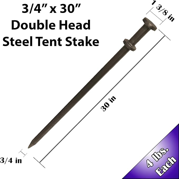 Double Head Tent Stakes, Heavy Duty Steel Outdoor Ground Spikes to Anchor Commercial Inflatables, Party Tents and Camping Shelters, 3/4 Inch x 30 Inch, Pack of 4