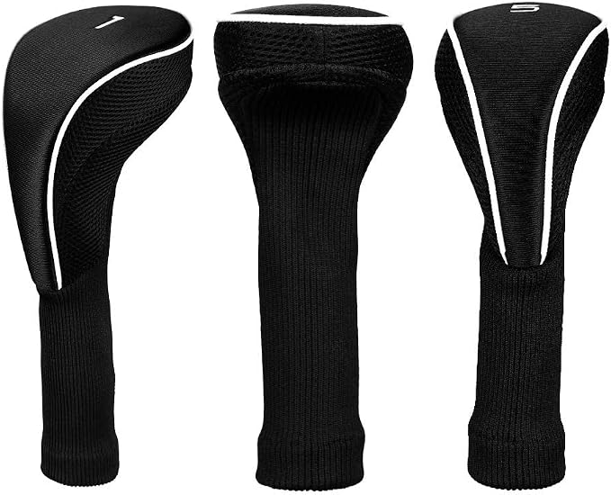 Black Golf Club Head Cover for Driver Fairway 3 Pcs Woods Headcovers, Golf Accessories Hybrid Head Covers Set with Interchangeable Tags 3 4 5 7 X