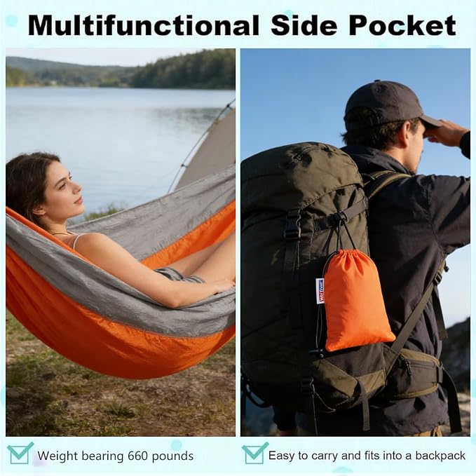 Camping Hammock, Portable Hammocks with Tree Straps & Attached Carry Bag, Travel Tree Hammocks for Outside Indoor Hiking Beach Backpack Travel(Orange, Nylon)