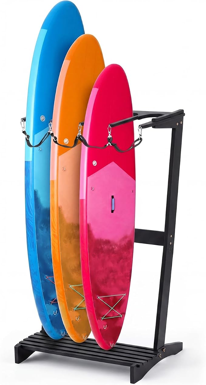 CroBlissful Surfboard Rack Freestanding Vertical Surf Board Stand for 4 Boards Bamboo Display Rack for Shortboard, Snowboard, Skateboard, Ski and Wakeboard