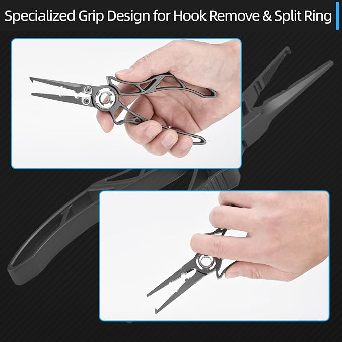 Gomexus 7 Inch Fishing Pliers and Titanium Plating, Saltwater Resistant Fishing Gear, Line Cutter, Hook Remover, Stainless Steel Split Ring Pliers with Carbide Blade-EXOSKELETON 7"