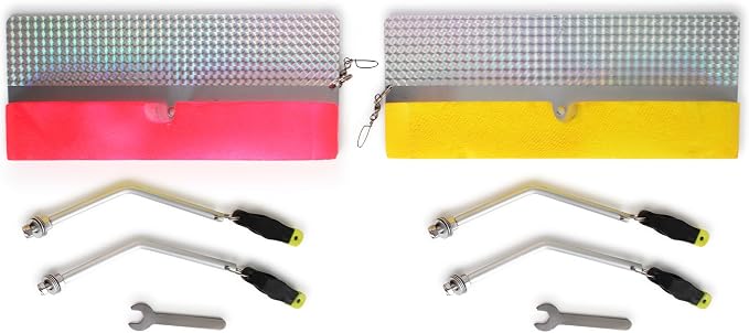 UMT 2pc Planer Board Trolling Kit for Offshore Fishing Chartreuse & Pink Boards with Holographic Finish + 2 Rigs with 8/0 Hooks on 30ib Fluorocarbon Saltwater & Freshwater for Striped Bass
