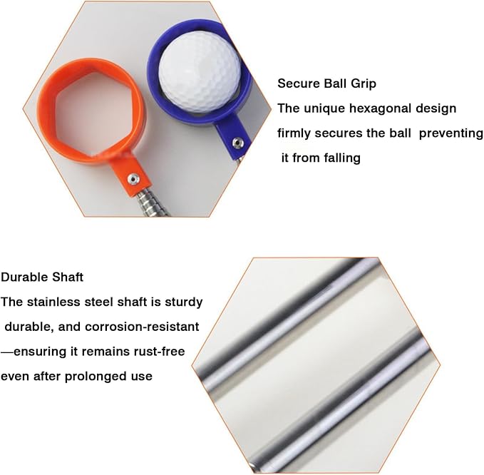 Golf Ball Retriever — Freely Extendable Stainless Steel Shaft, Hexagonal Ball-Gripper, and Secure, Non-Slip Handle