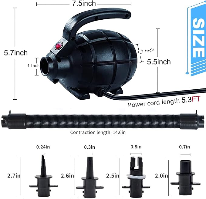 Electric Airpump for Inflatable Tumble Track Gymnastics Mat, Air Roller Barrel, Swimming Ring, Bed, Pool Toy, Inflatables Raft Boat Electric Pump with 4 Nozzles（AC 110-120V（500W））