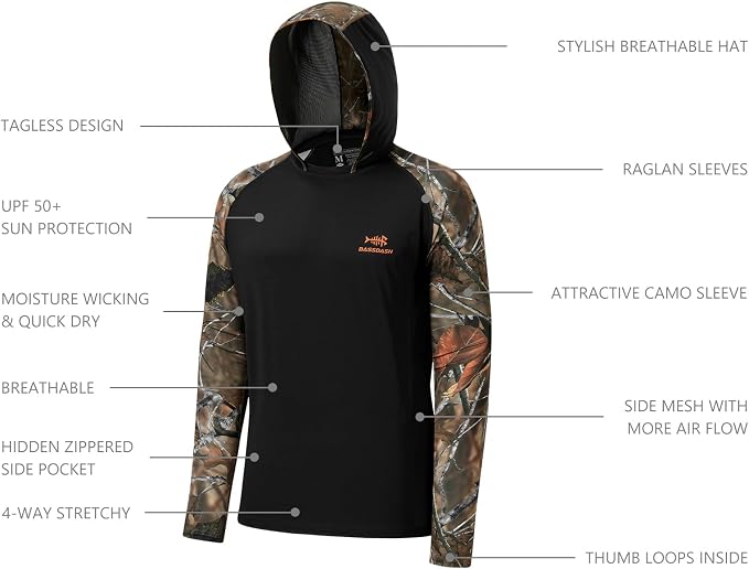 BASSDASH Men’s UPF 50 Performance Fishing Shirt Cooling Hoodie Camo Long Sleeve FS17M