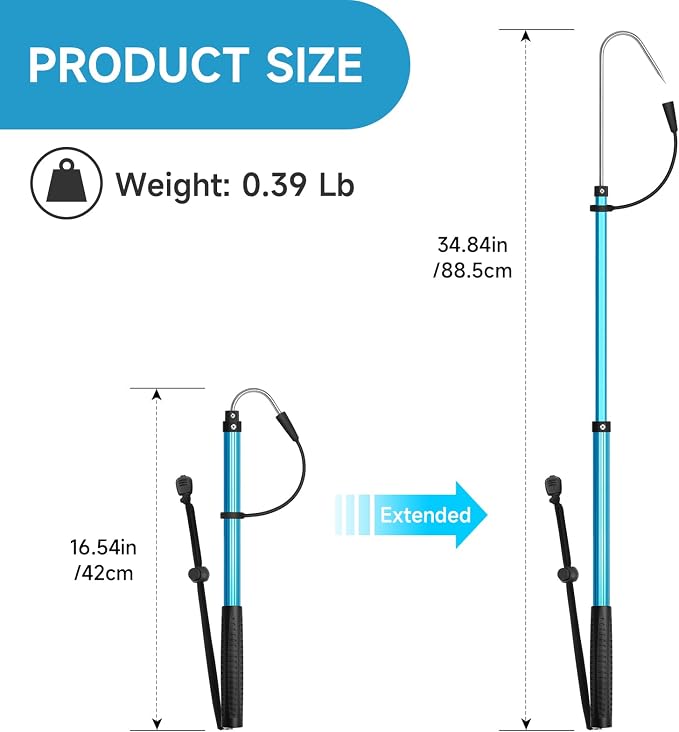 SANLIKE Telescopic Fishing Gaff Aluminum Pole with Nonslip Rubber Handle Stainless Steel M8 Screw Hook