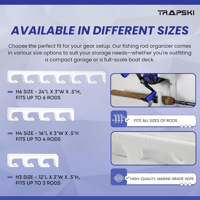 TRAPSKI Made in USA Fishing Rod/Pole Holder Rack Organizer | Wall or Ceiling Mounted Fishing Rod Rack | Marine Grade HDPE Plastic | Pole Holder for up to 6 Stackable