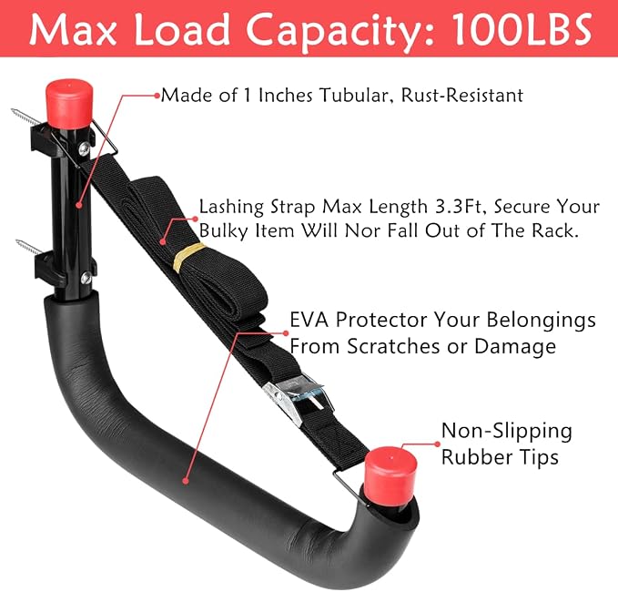 Heavy Duty Garage Storage Hooks, 13 Inch Arm Large Wall Mount Hanger with EVA Protector, Garage Racks & Organizer for Ladders, Folding Chairs, Kayak, Surfboard, Garden Tool