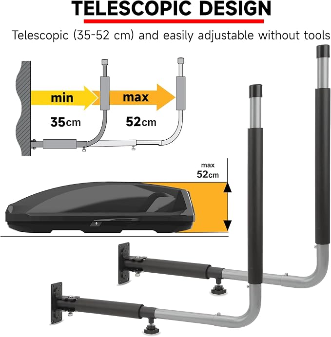 Roof Box Wall Mount, Pair of Car Roof Box Side Wall Mount Foldable & Telescopic for Roof Boxes up to 52 cm Height, Max 50 kg/110 lb Load Capacity