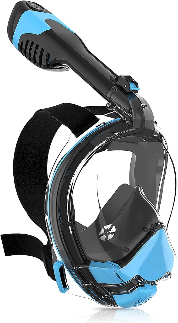 Yosmer Electric Full Face Snorkel Mask for Adults, Fan-Assisted Snorkeling Mask with Dry Top System, 180° Panoramic View, Anti-Fog Design, Foldable Travel Snorkel Gear