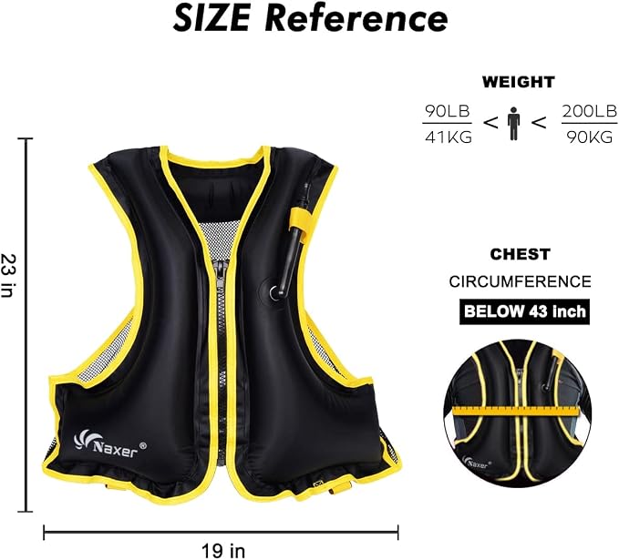 NAXER Inflatable Buoyancy Jackets Snorkel Vests for Adults Kayak Kayaking Snorkeling Suit 90-200 lbs Easy Swimming Boating Paddleboarding Water Sports
