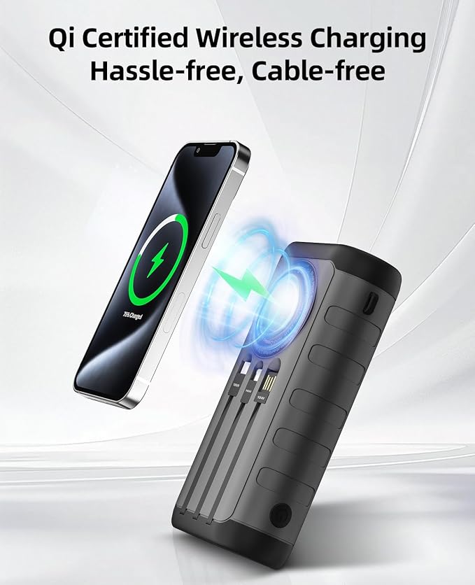 Solar Charger Power Bank 59800mAh, 15W Wireless Charging Compatible with iPhone Samsung Apple Watch, Outdoor Battery Pack, 3 Built in Cables & Hand Crank, Dual LED Flashlight for Camping Hiking Travel